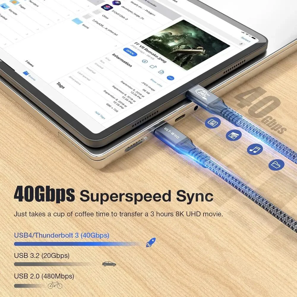 USB 4 Cable For Thunderbolt 4, 240W USB C To USB C Fast Charging, 8K/6K@60Hz Vid